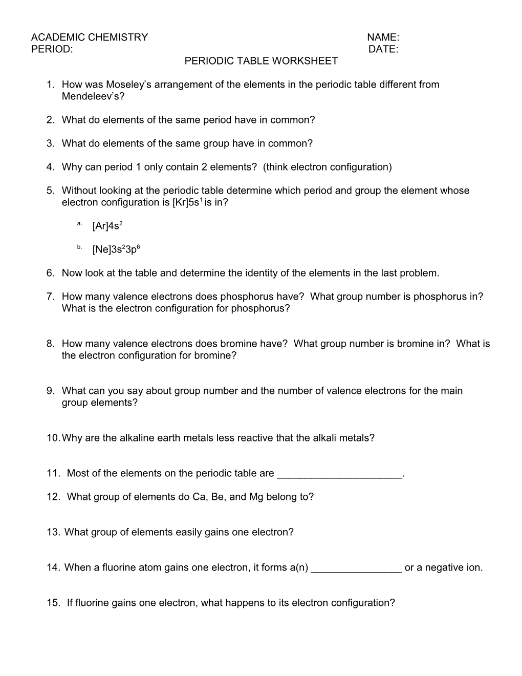 Periodic Table Worksheet