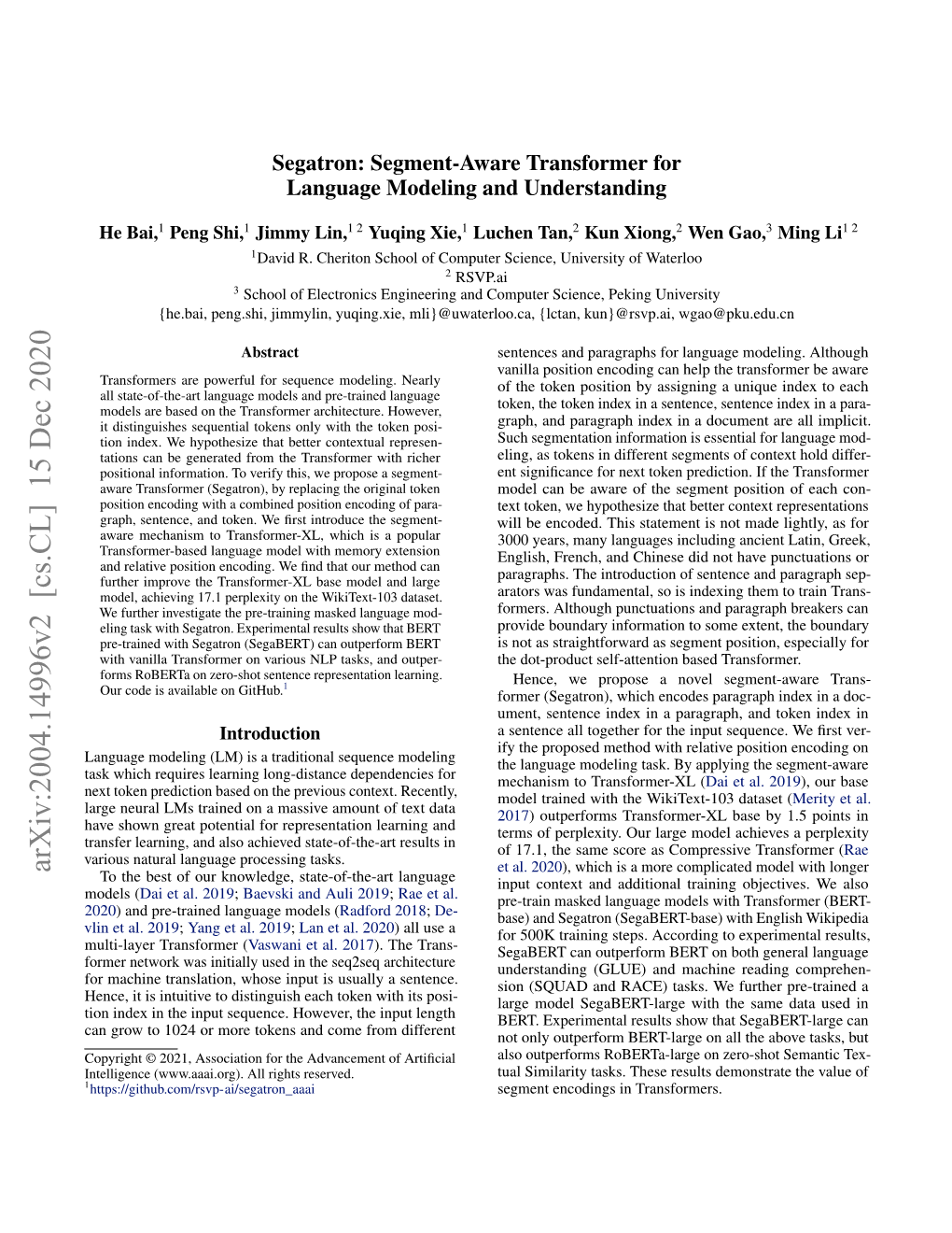 Segatron: Segment-Aware Transformer for Language Modeling and Understanding