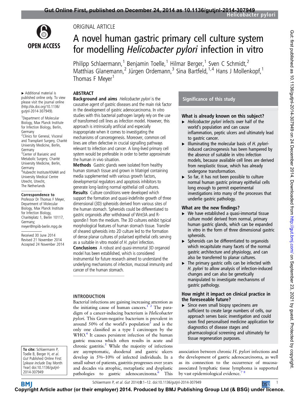 A Novel Human Gastric Primary Cell Culture System for Modelling