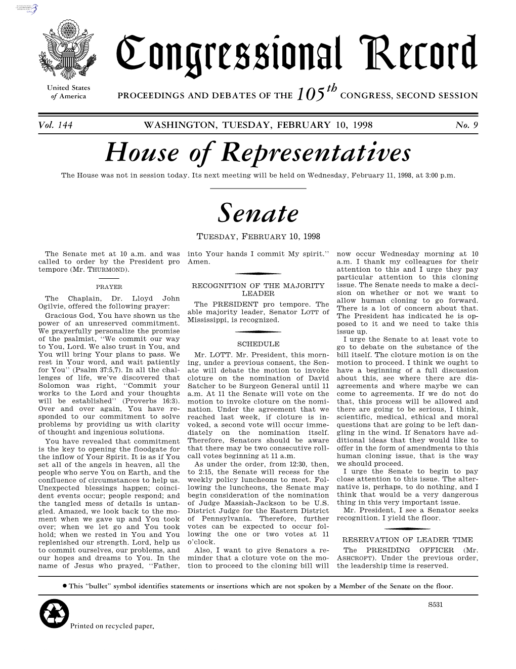 Congressional Record United States Th of America PROCEEDINGS and DEBATES of the 105 CONGRESS, SECOND SESSION