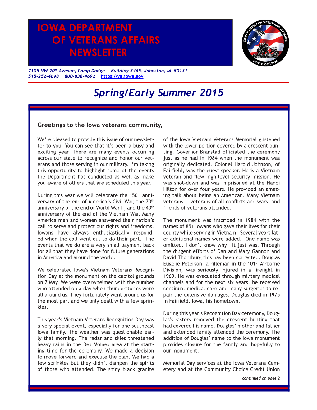 Spring/Early Summer 2015 IOWA DEPARTMENT of VETERANS