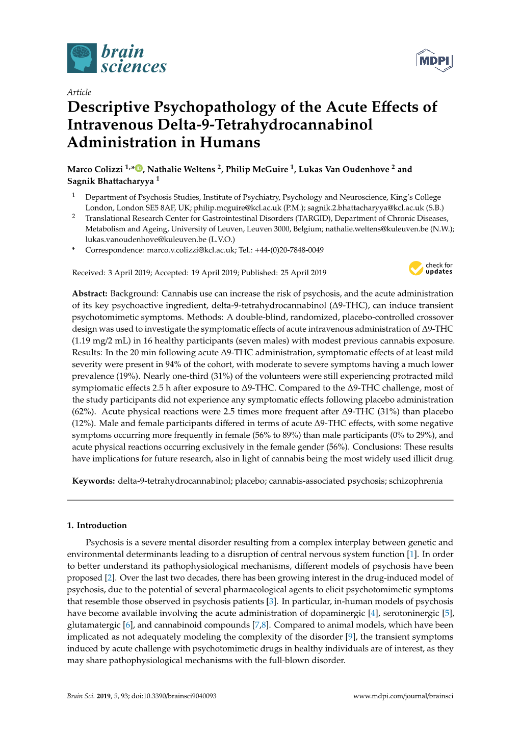 Descriptive Psychopathology of the Acute Effects of Intravenous Delta-9