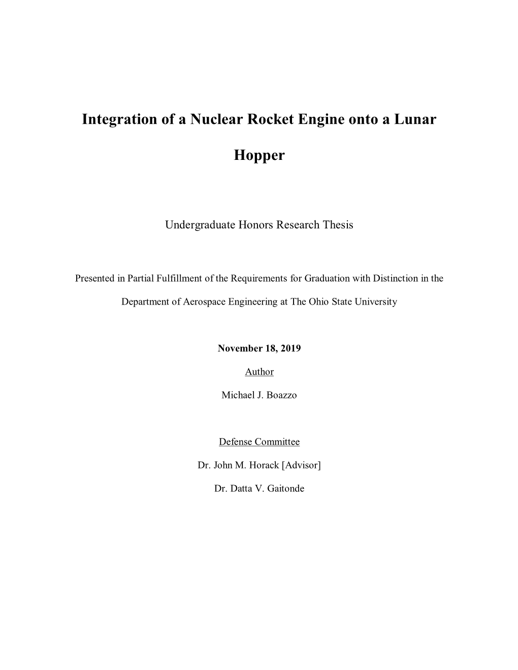 Integration of a Nuclear Rocket Engine Onto a Lunar Hopper