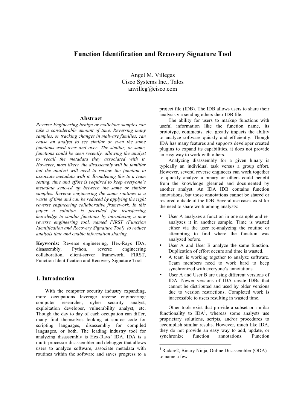 Function Identification and Recovery Signature Tool