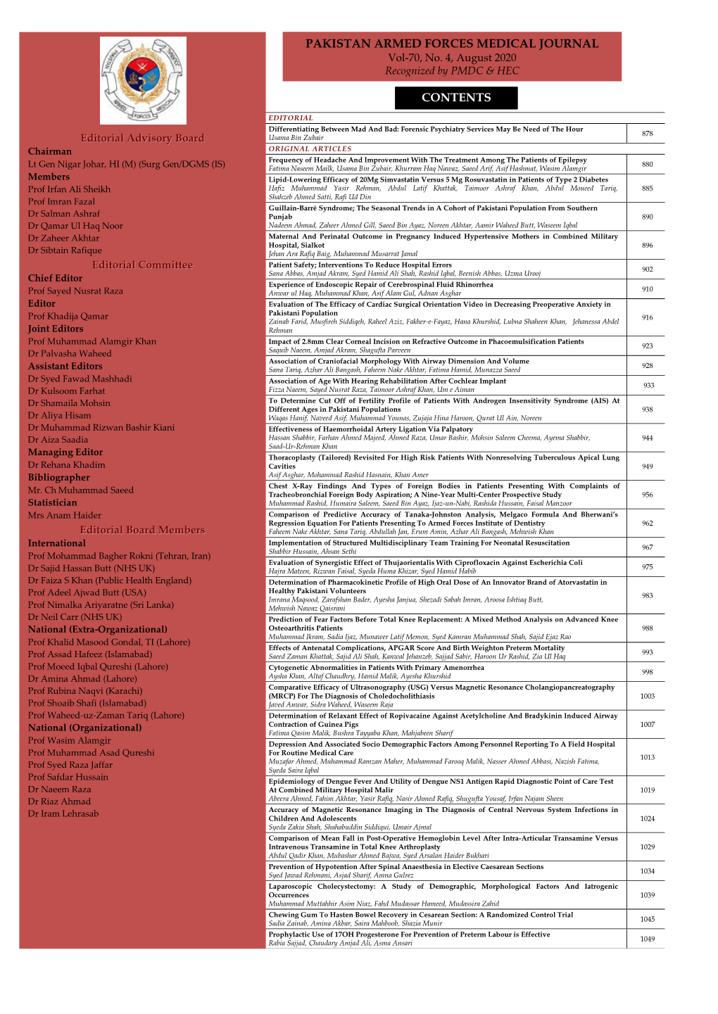 Pakistan Armed Forces Medical Journal Contents