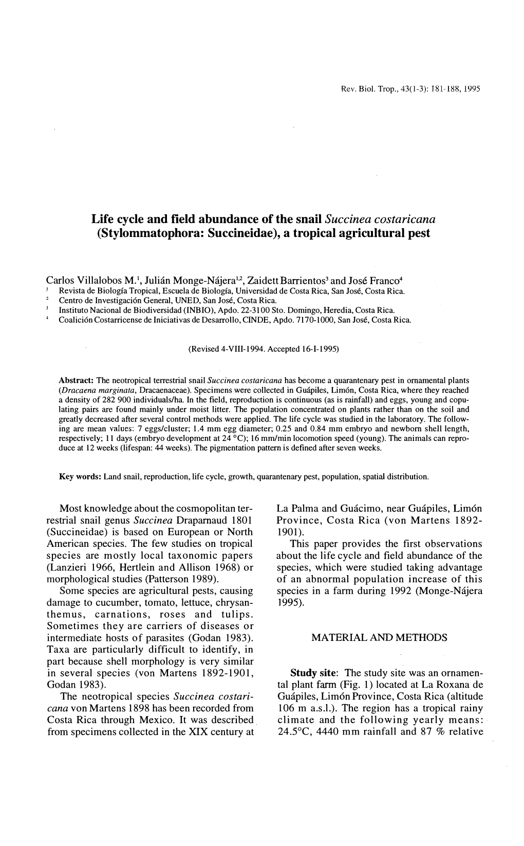 Life Cycle and Field Abundance of the Snail Succinea Costaricana (Stylommatophora: Succineidae), a Tropical Agricultural Pest