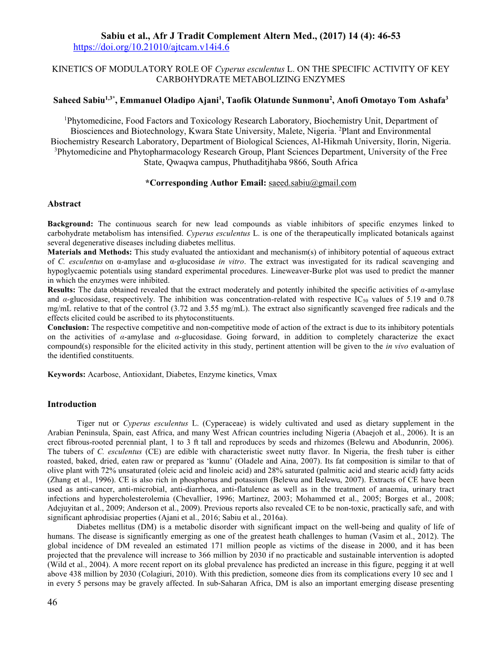 Sabiu Et Al., Afr J Tradit Complement Altern Med., (2017) 14 (4): 46-53