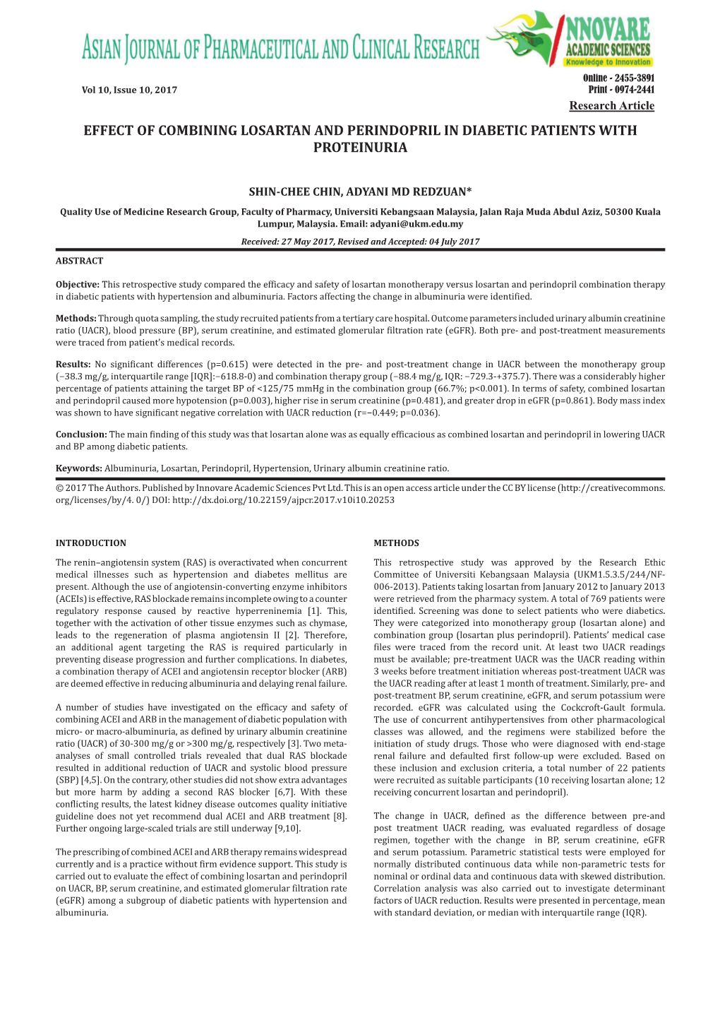 Effect of Combining Losartan and Perindopril in Diabetic Patients with Proteinuria