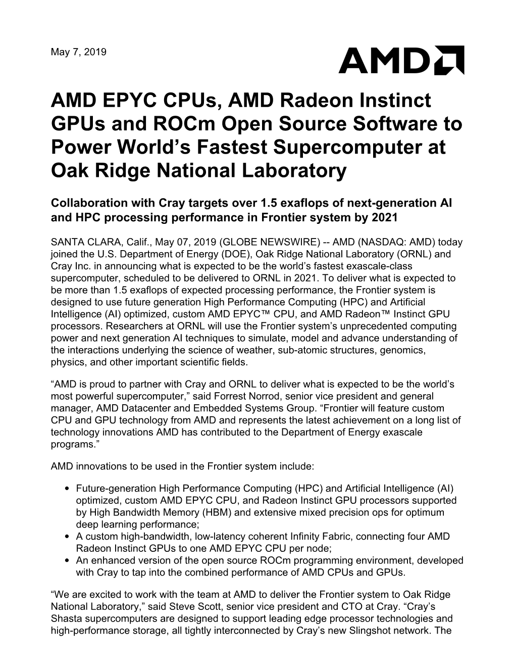 AMD EPYC Cpus, AMD Radeon Instinct Gpus and Rocm Open Source Software to Power World’S Fastest Supercomputer at Oak Ridge National Laboratory