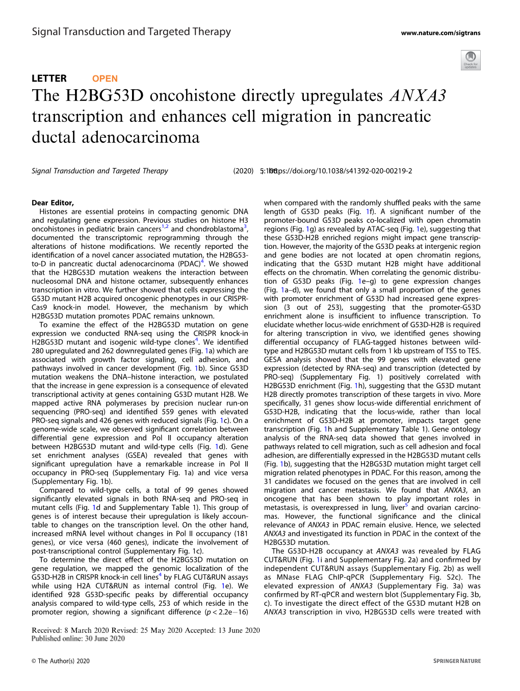 The H2BG53D Oncohistone Directly Upregulates ANXA3 Transcription and Enhances Cell Migration in Pancreatic Ductal Adenocarcinoma