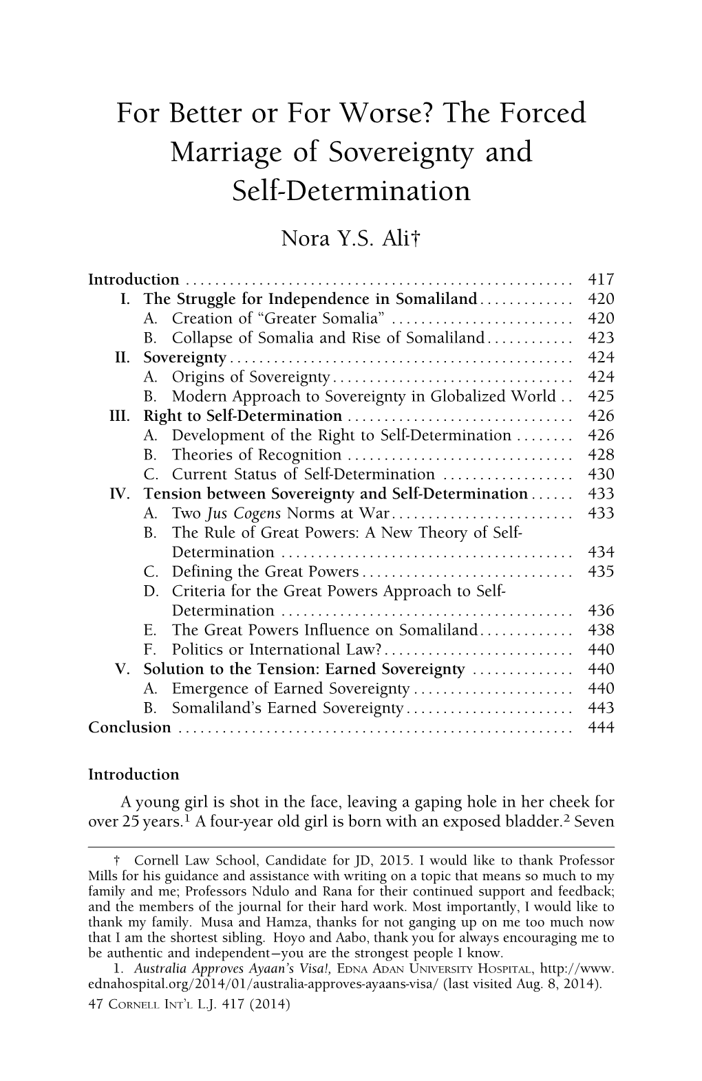 The Forced Marriage of Sovereignty and Self-Determination Nora Y.S