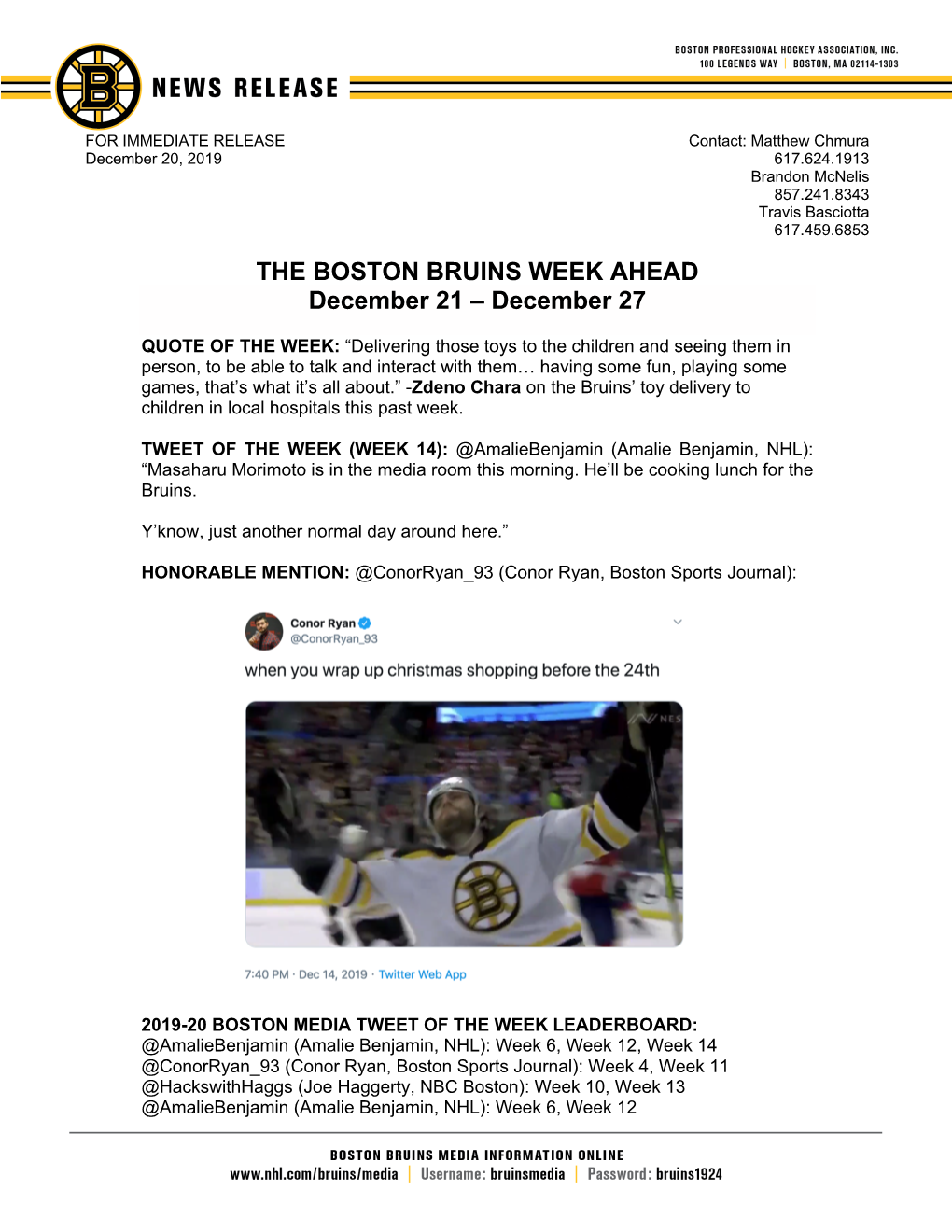 THE BOSTON BRUINS WEEK AHEAD December 21 – December 27