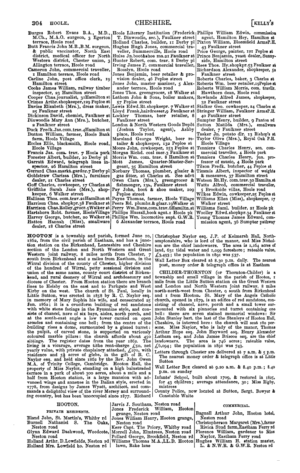 CHESHIRE. [ KELLY's Burges Robert Evans B..A.., M.D., Hoole Literary Institution (Frederick Phillips William Edwin, Commission M.Ch., M