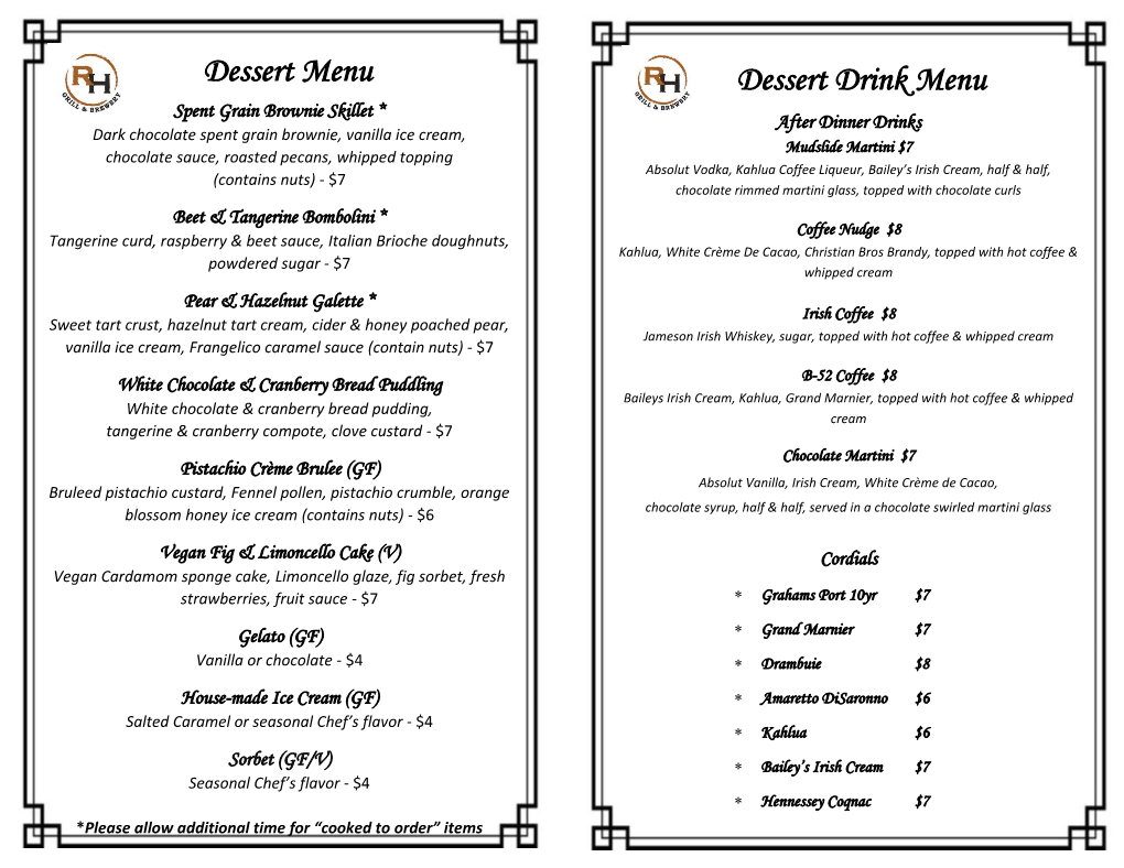 Dessert Drink Menu