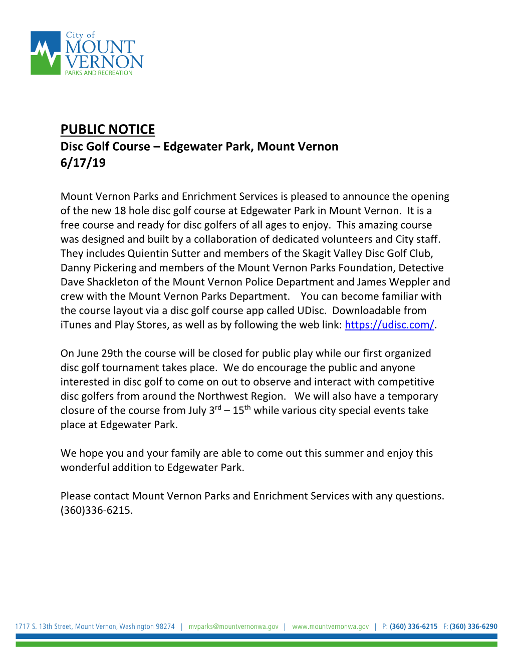 PUBLIC NOTICE Disc Golf Course – Edgewater Park, Mount Vernon 6/17/19