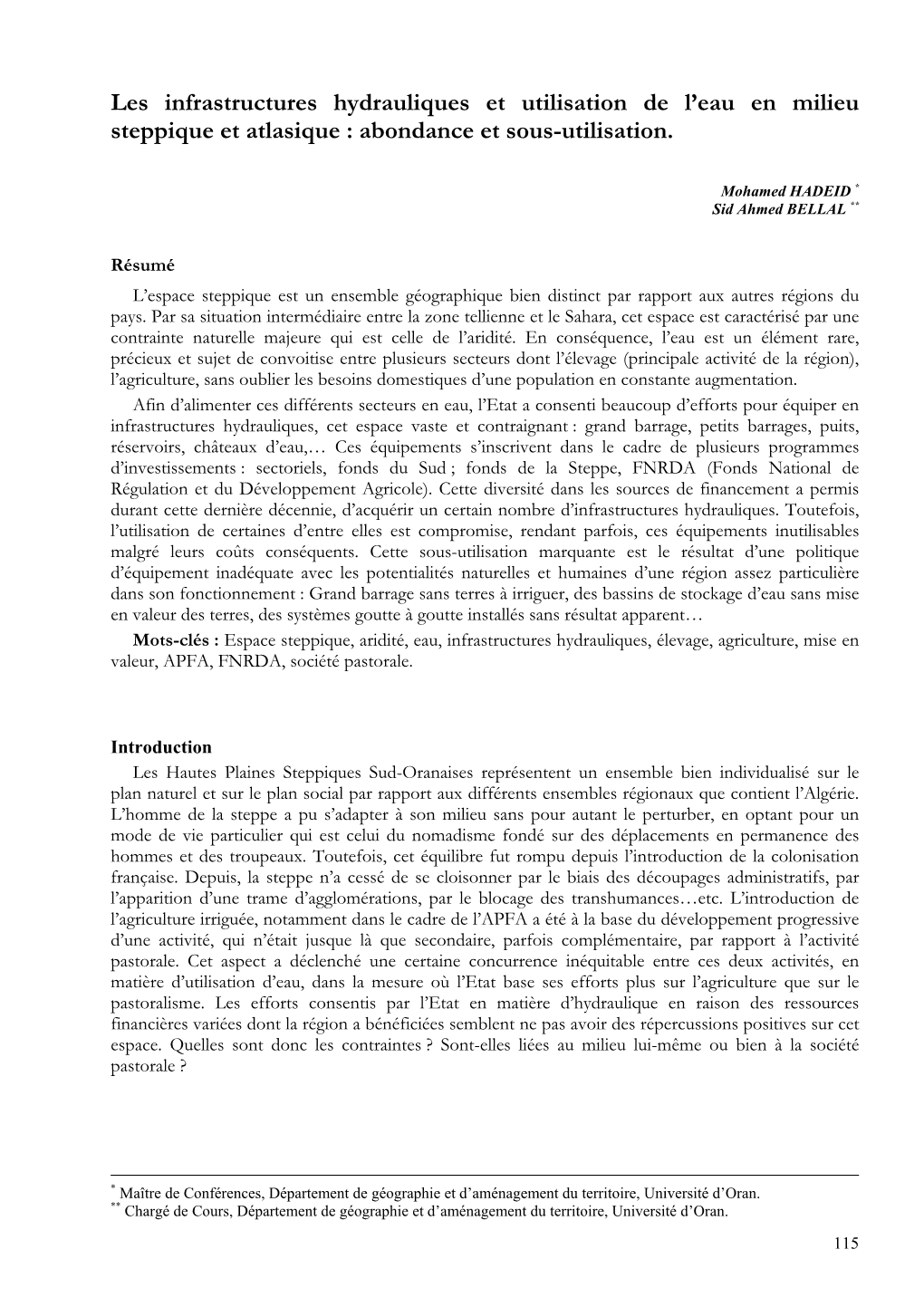 Les Infrastructures Hydrauliques Et Utilisation De L'eau En Milieu