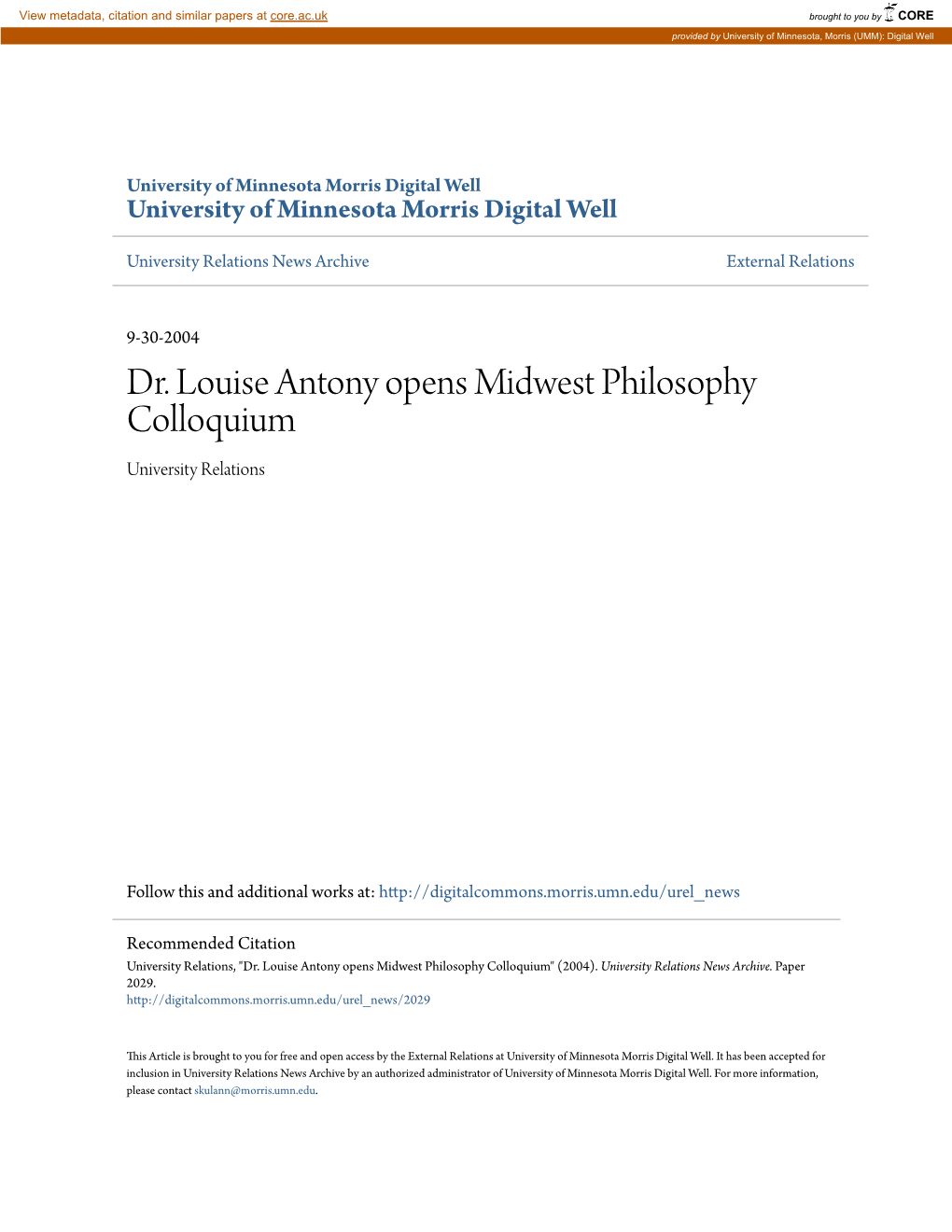 Dr. Louise Antony Opens Midwest Philosophy Colloquium University Relations