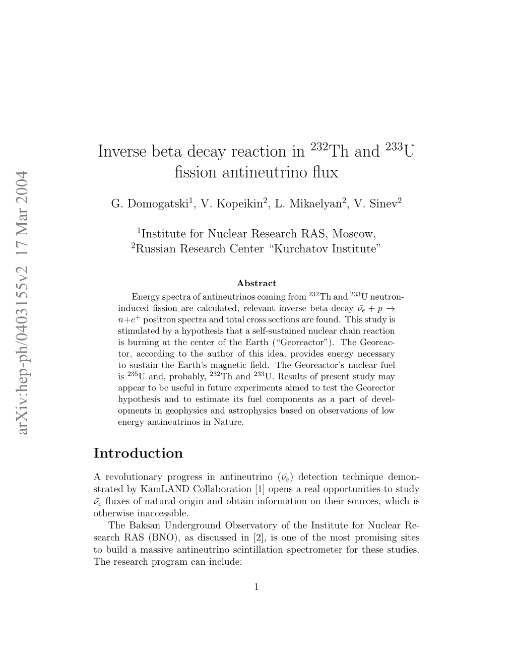 Inverse Beta Decay Reaction in $^{232} $ Th and $^{233} $ U