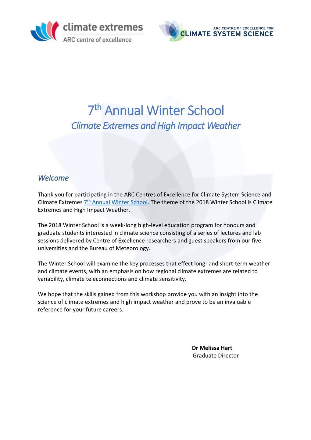 7Th Annual Winter School Climate Extremes and High Impact Weather