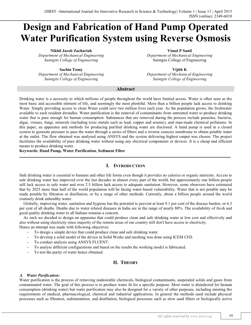 Design and Fabrication of Hand Pump Operated Water Purification