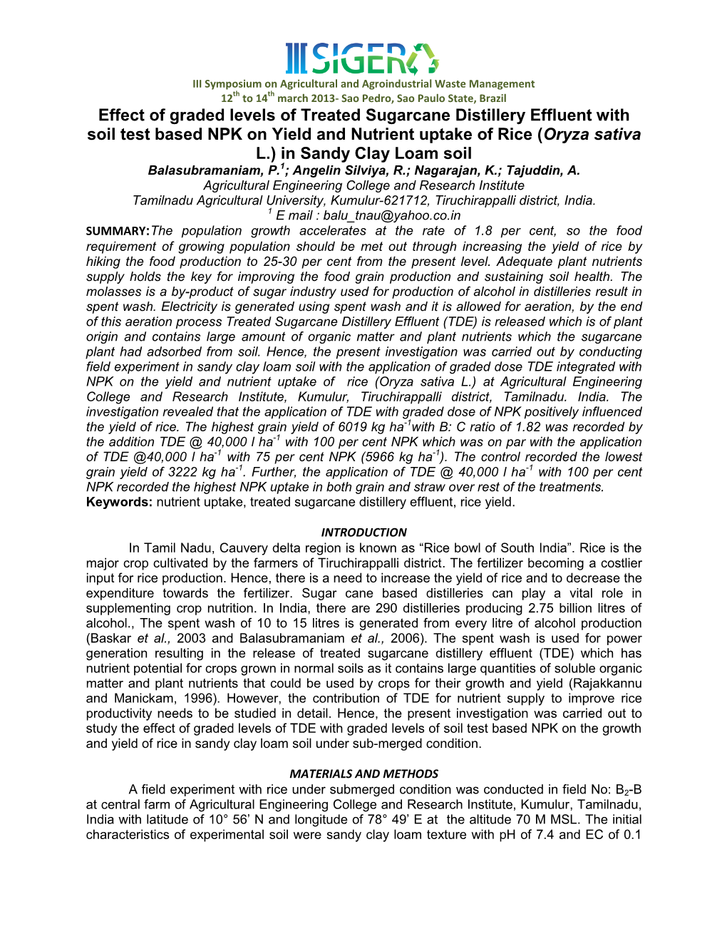 Effect of Graded Levels of Treated Sugarcane Distillery Effluent with Soil Test Based NPK on Yield and Nutrient Uptake of Rice