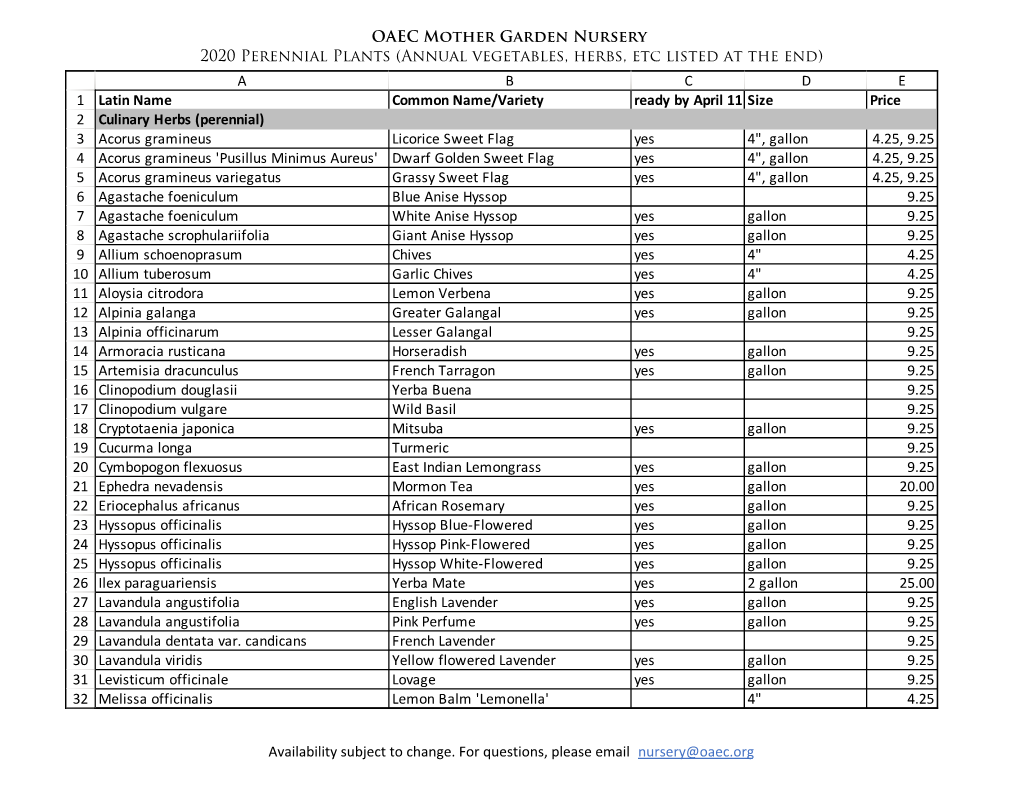 OAEC Mother Garden Nursery 2020 Perennial Plants (Annual