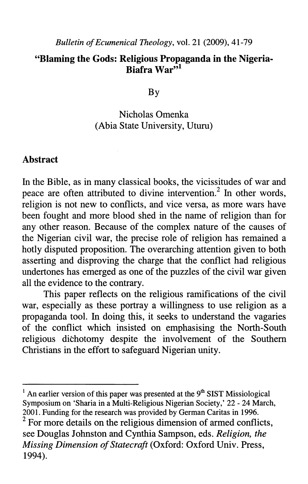Biafra War"L Peace Are Often Attributed to Divine Intervention.' in Other