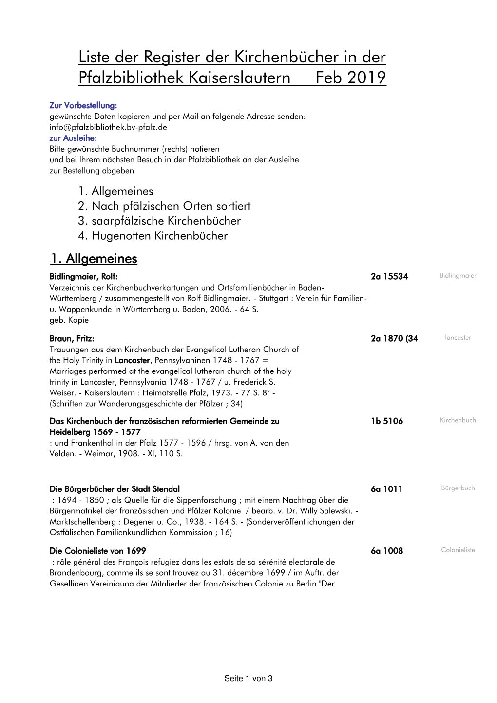 Liste Der Register Der Kirchenbücher in Der Pfalzbibliothek Kaiserslautern Feb 2019