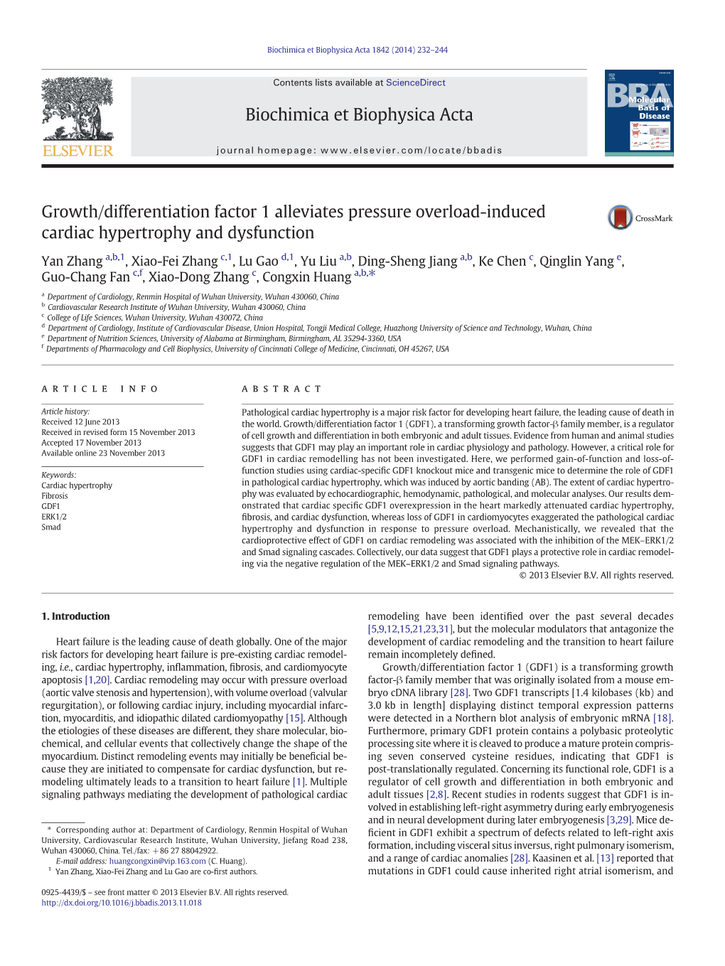 Growth/Differentiation Factor 1 Alleviates Pressure Overload-Induced Cardiac Hypertrophy and Dysfunction