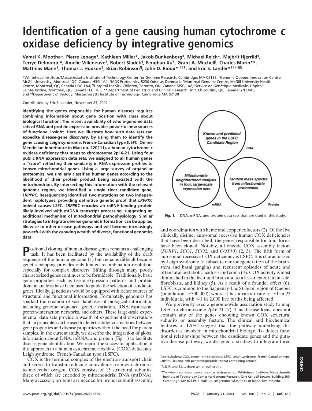 Identification of a Gene Causing Human Cytochrome C Oxidase Deficiency by Integrative Genomics