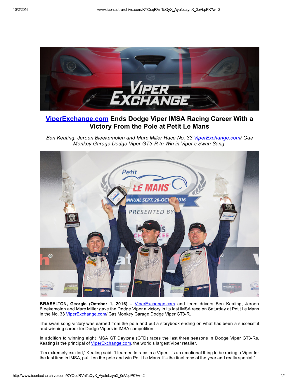 Viperexchange.Com Ends Dodge Viper IMSA Racing Career with a Victory from the Pole at Petit Le Mans