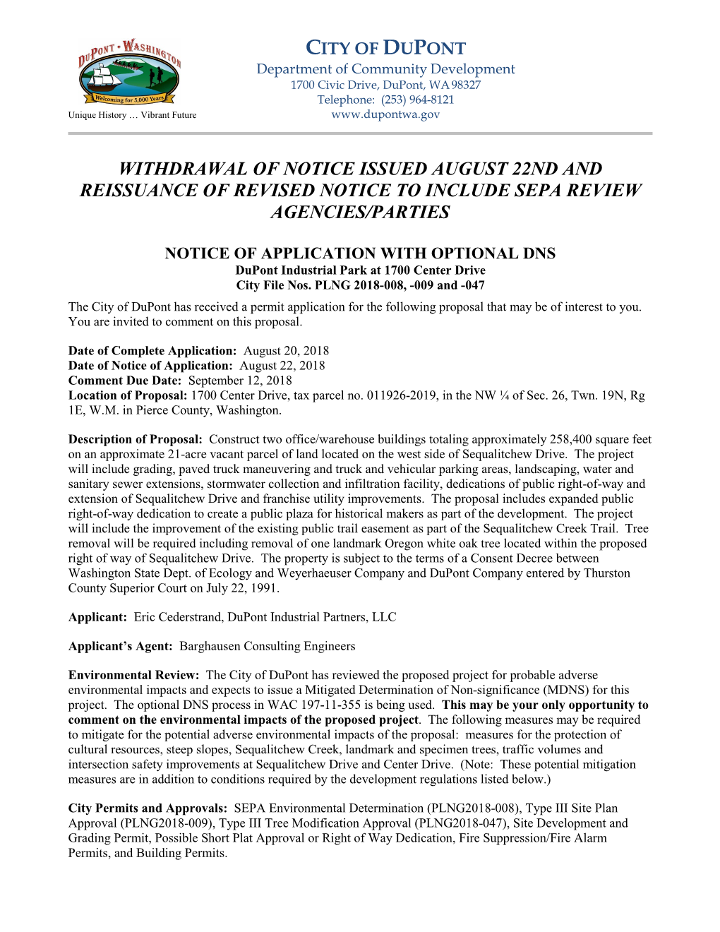 Withdrawal of Notice Issued August 22Nd and Reissuance of Revised Notice to Include Sepa Review Agencies/Parties