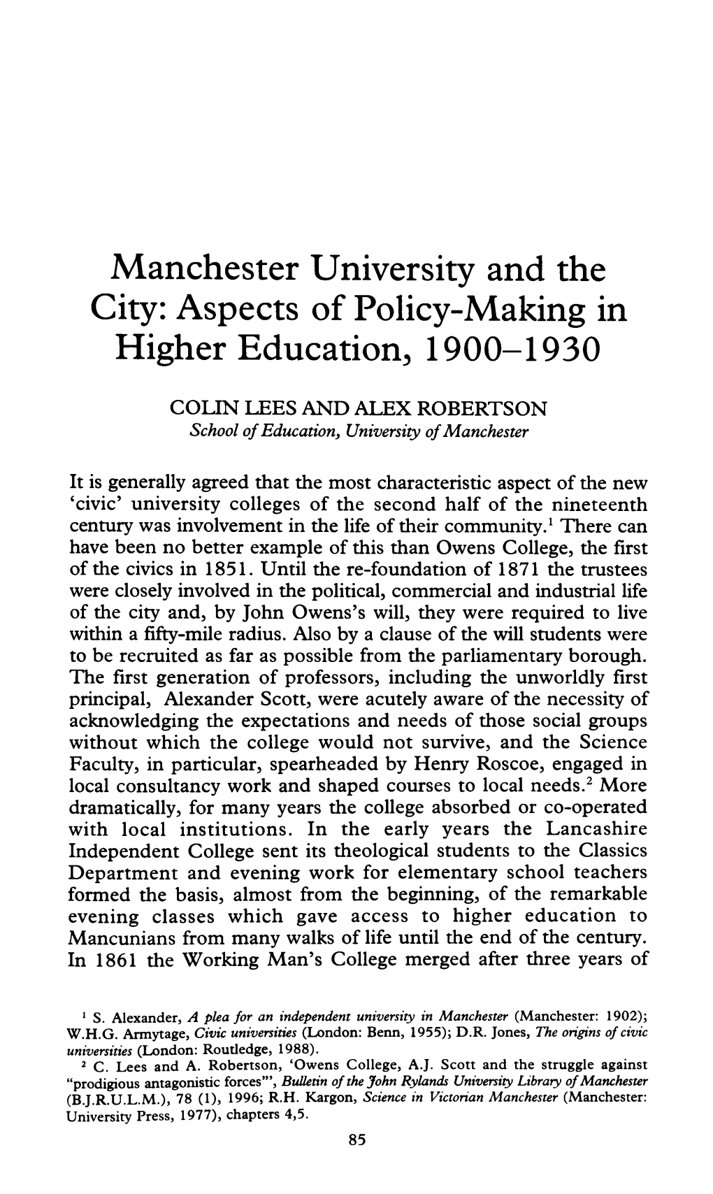 Manchester University and the City: Aspects of Policy-Making in Higher Education, 1900-1930