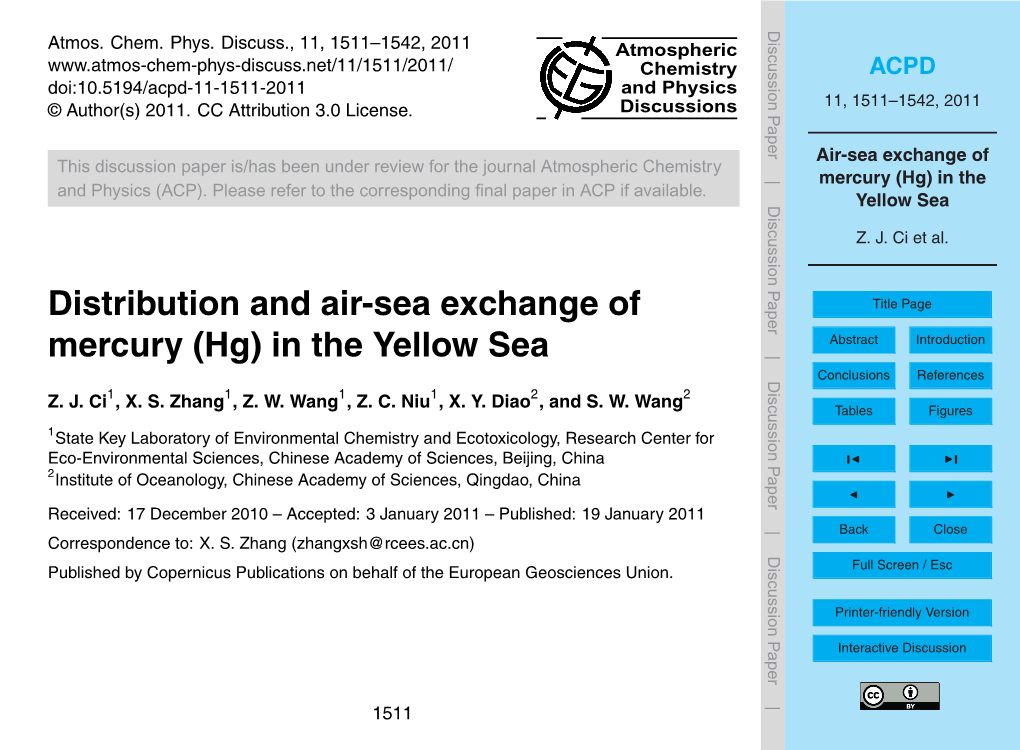 Air-Sea Exchange of Mercury (Hg) in the Yellow Sea S