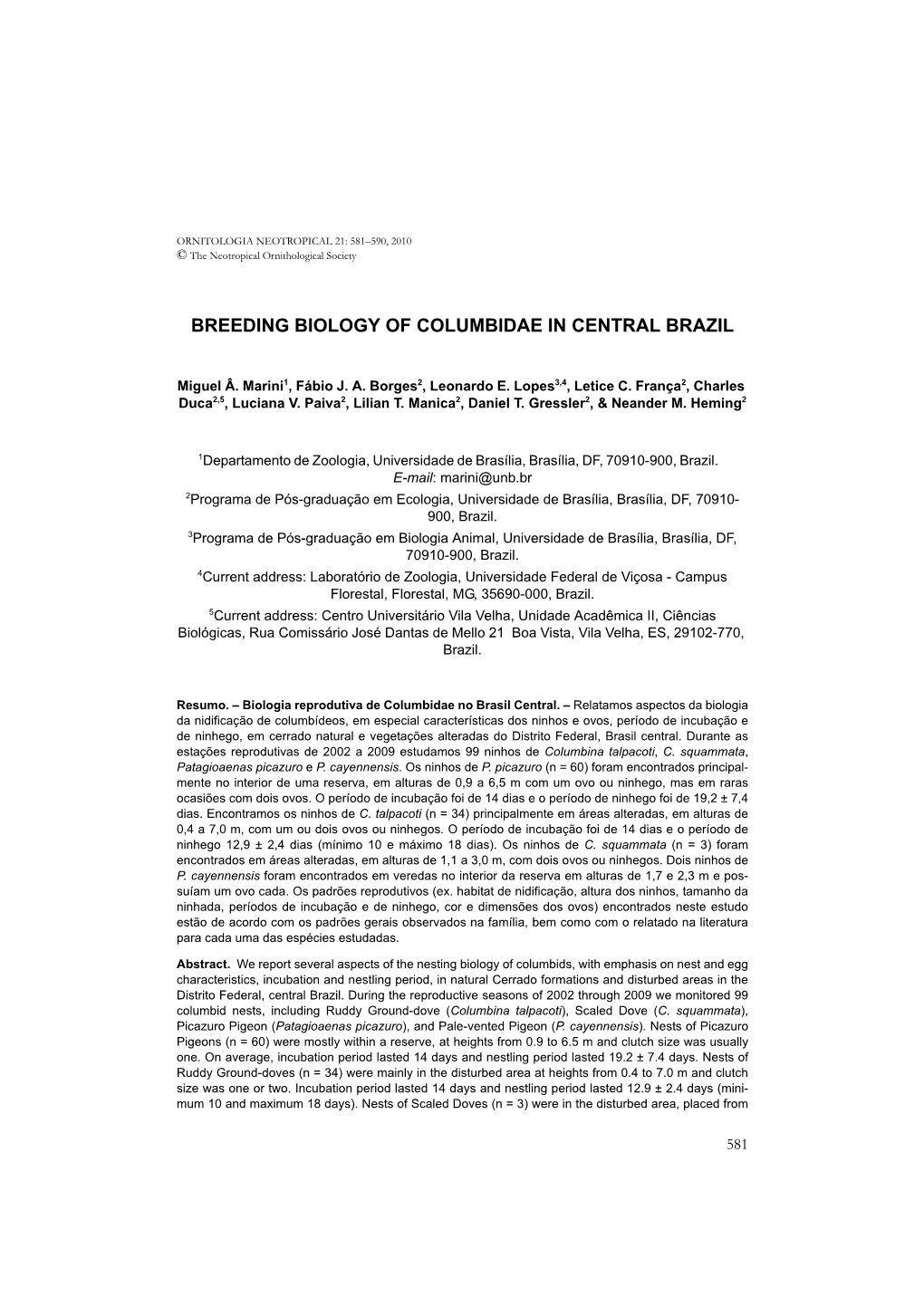 Breeding Biology of Columbidae in Central Brazil