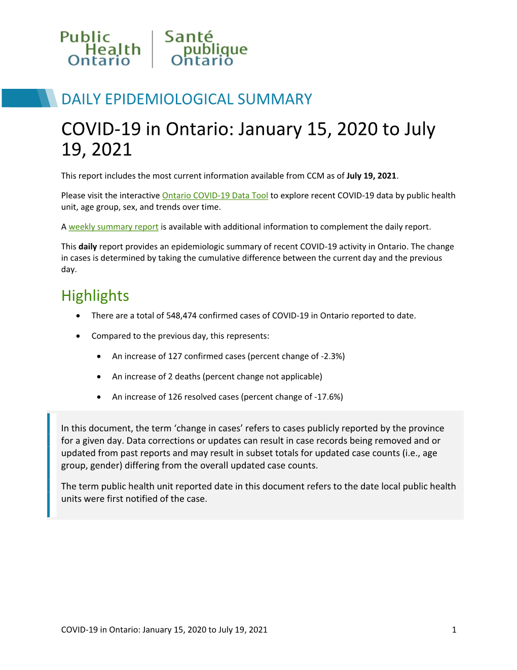 COVID-19 in Ontario: January 15, 2020 to July 19, 2021