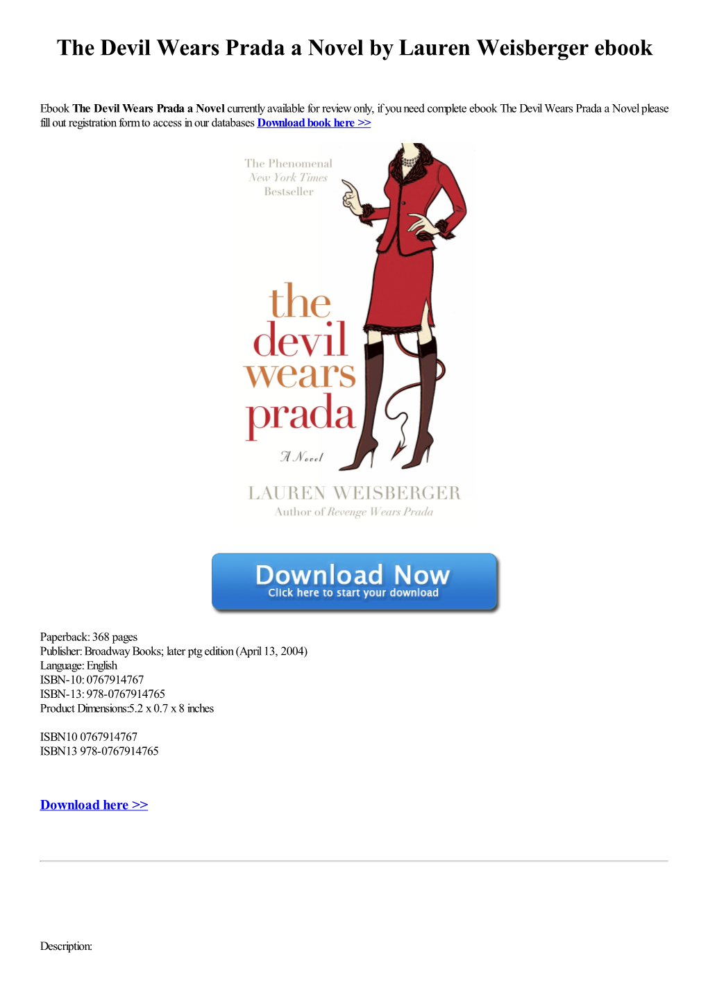 The Devil Wears Prada a Novel by Lauren Weisberger Ebook