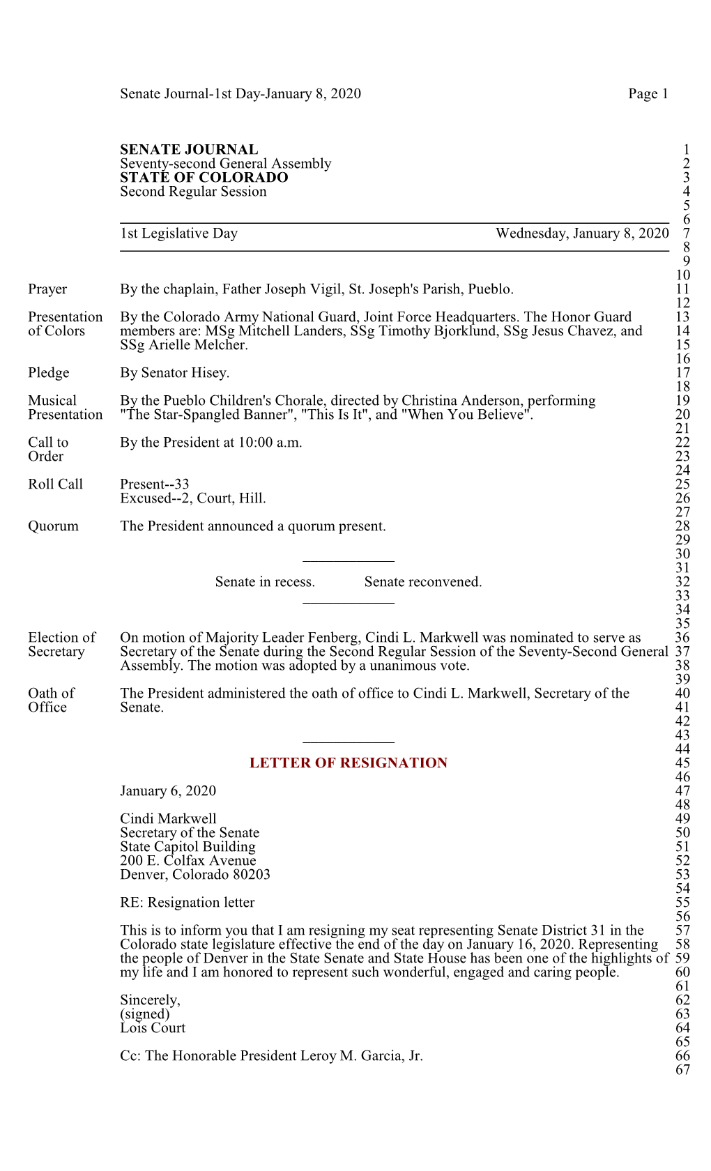 Senate Journal-1St Day-January 8, 2020 Page 1 SENATE JOURNAL 1