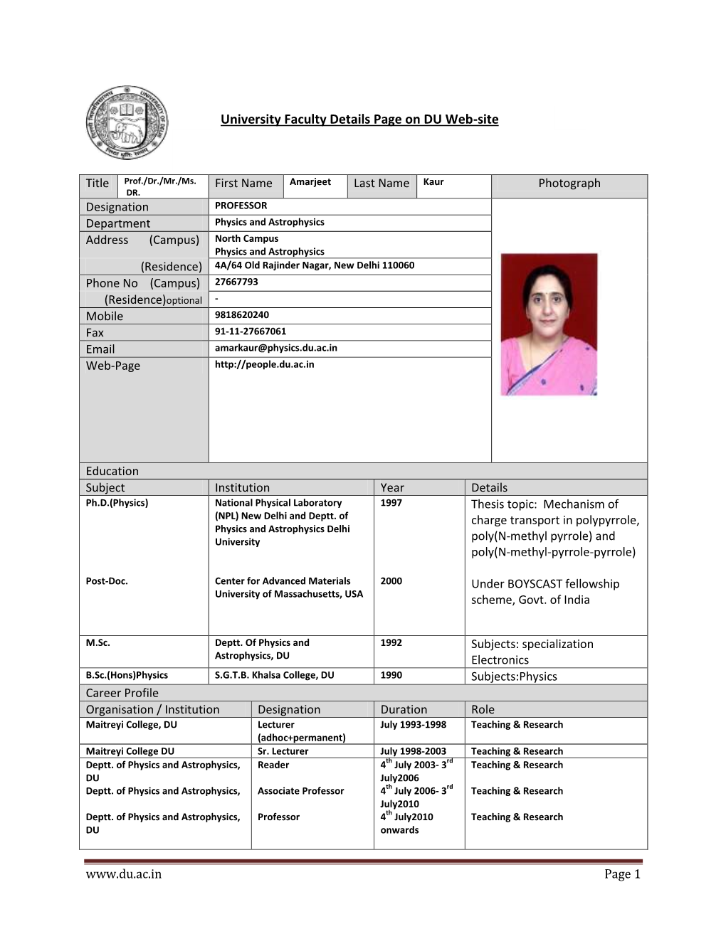 University Faculty Details Page on DU Web-Site