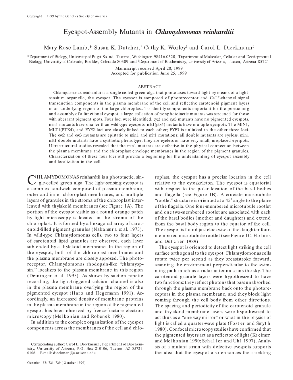 Eyespot-Assembly Mutants in Chlamydomonas Reinhardtii