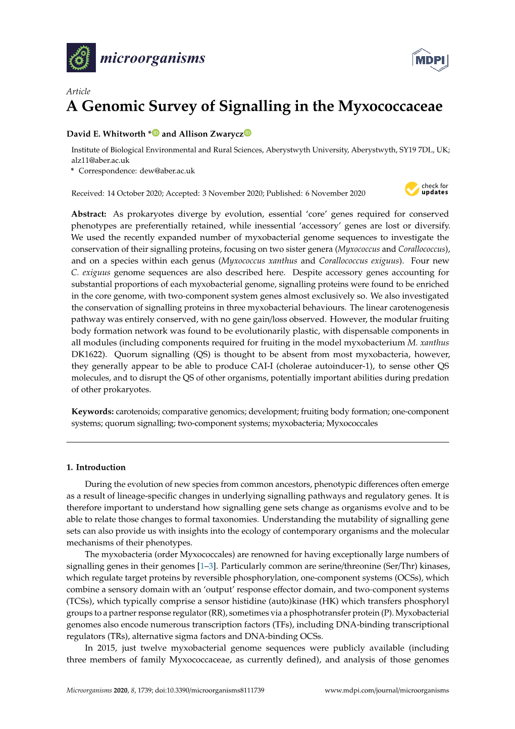 A Genomic Survey of Signalling in the Myxococcaceae