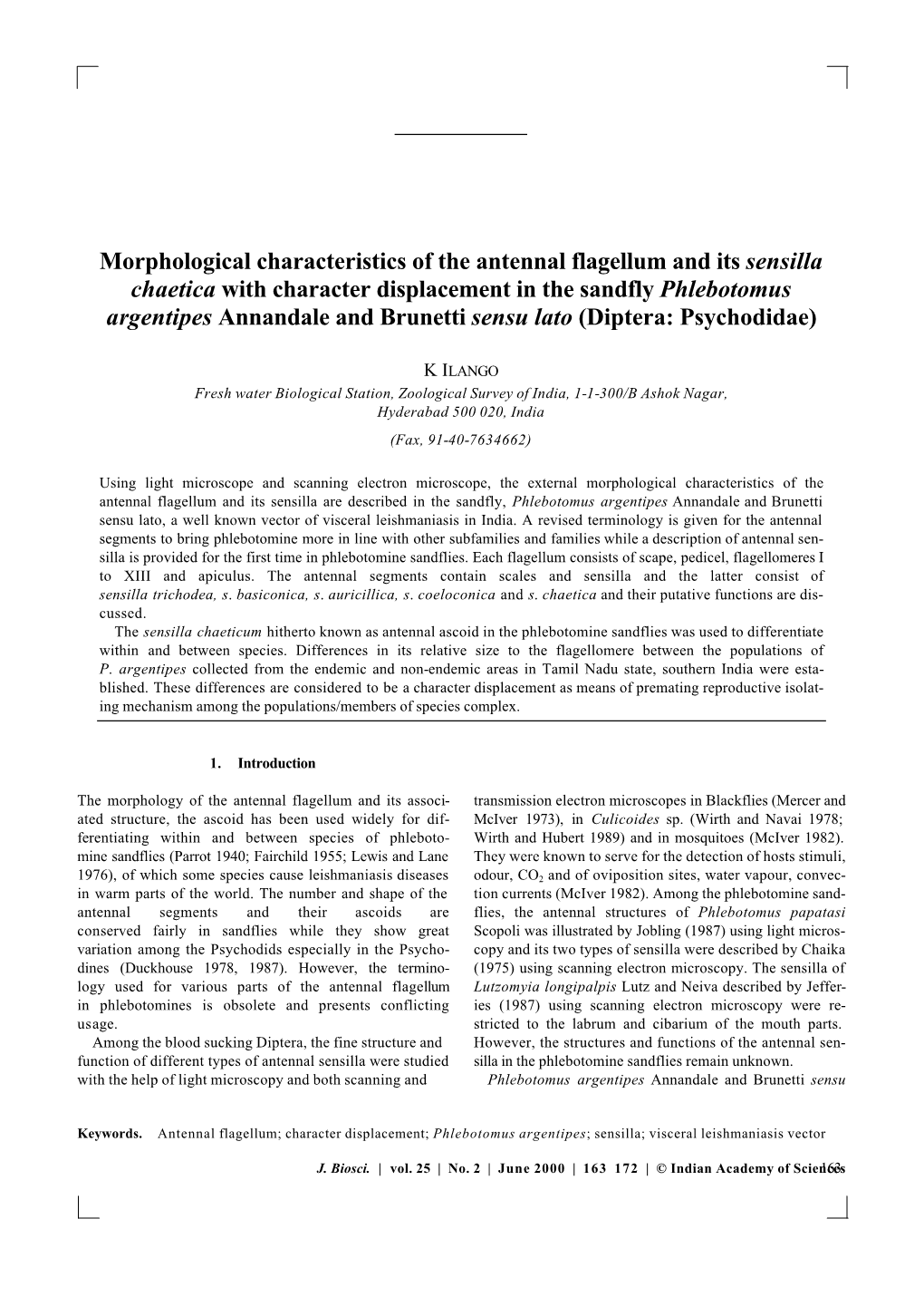 Morphological Characteristics of the Antennal Flagellum and Its Sensilla Chaetica with Character Displacement in the Sandfly