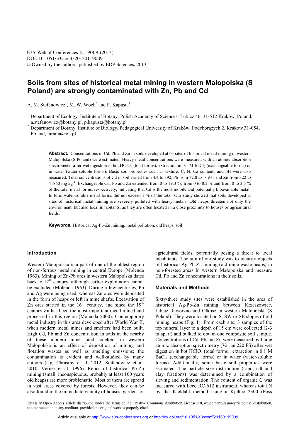 Soils from Sites of Historical Metal Mining in Western Małopolska \(S Poland\) Are Strongly Contaminated with Zn, Pb and Cd