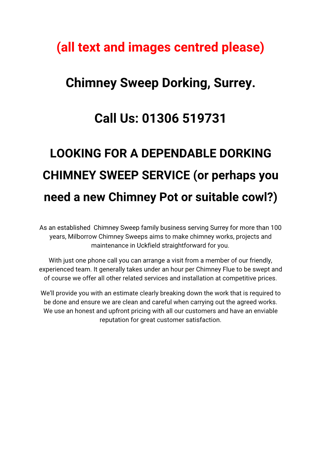 Chimney Sweep Dorking, Surrey. Call Us: 01306 519731