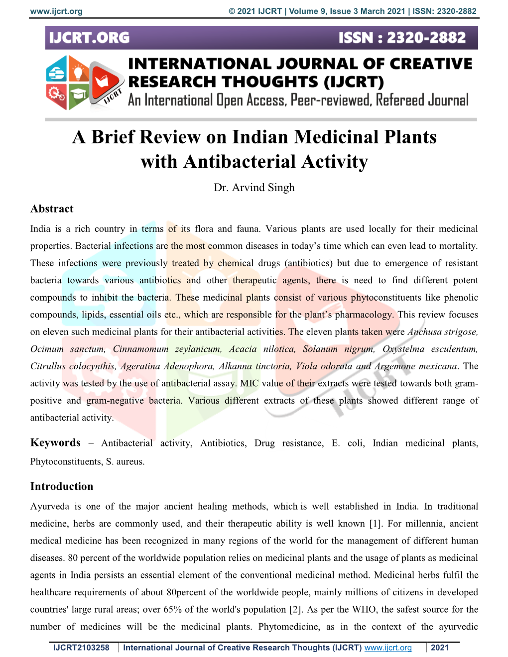 A Brief Review on Indian Medicinal Plants with Antibacterial Activity Dr