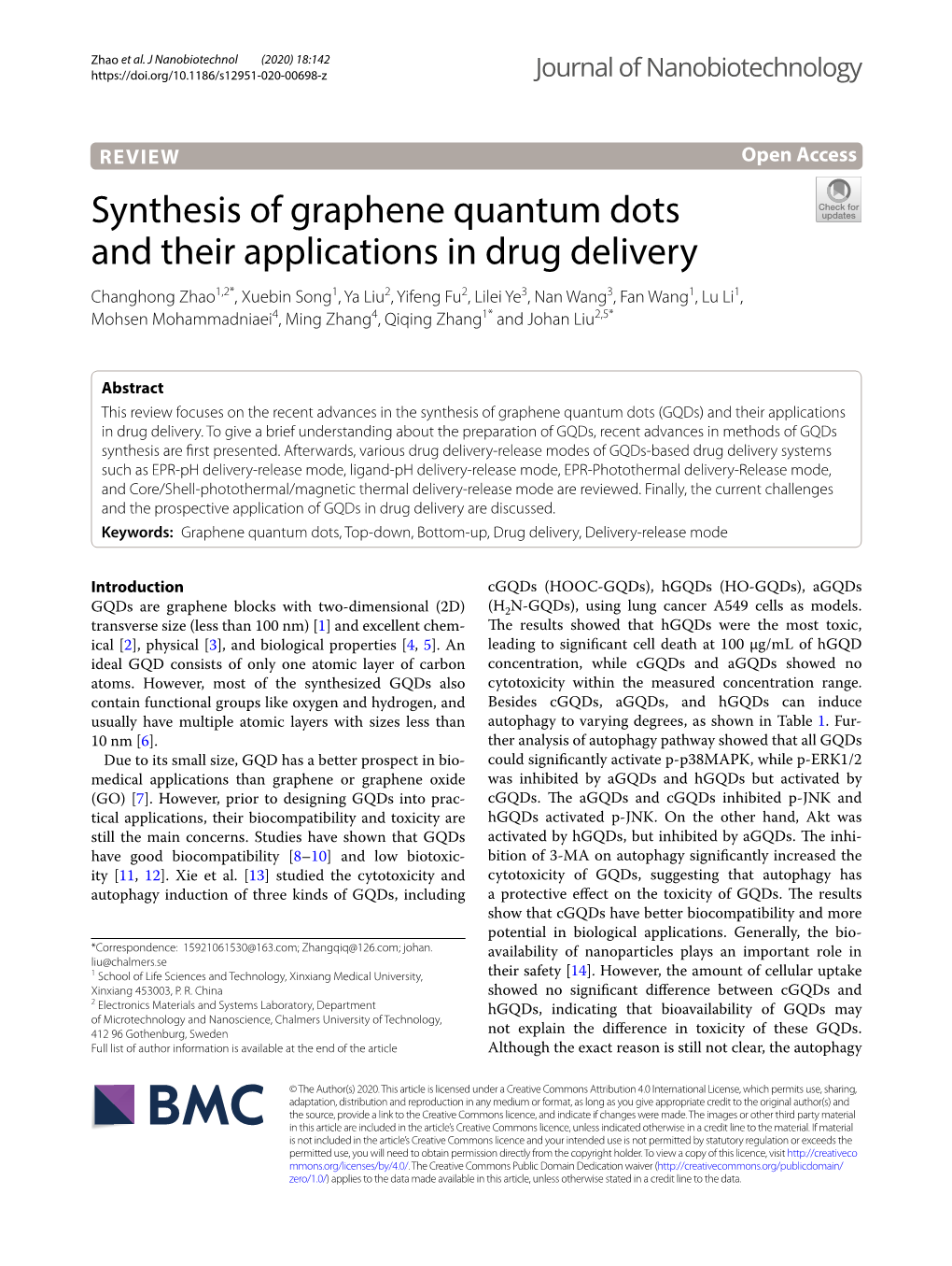 Synthesis of Graphene Quantum Dots and Their Applications in Drug Delivery