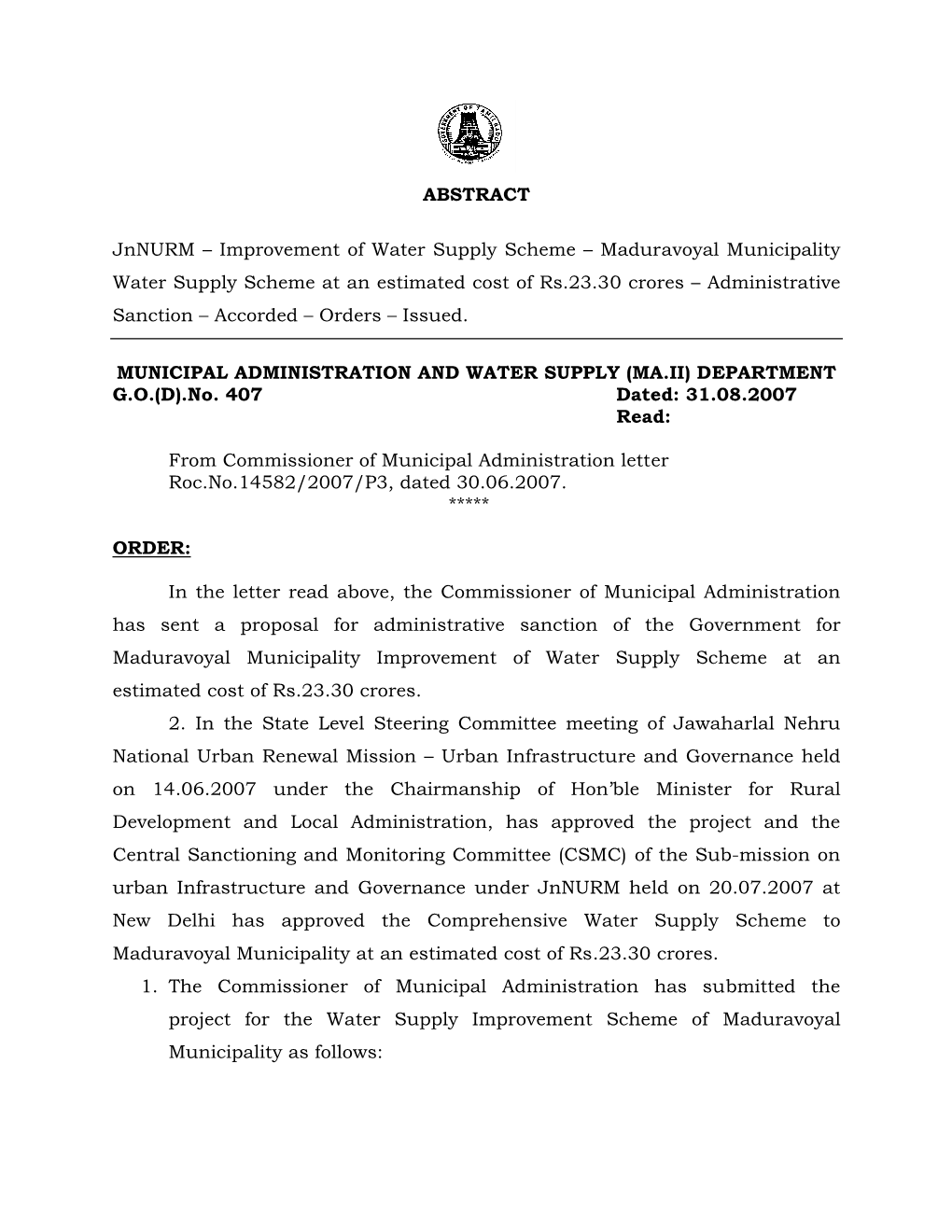 Maduravoyal Municipality Water Supply Scheme at an Estimated Cost of Rs.23.30 Crores – Administrative Sanction – Accorded – Orders – Issued