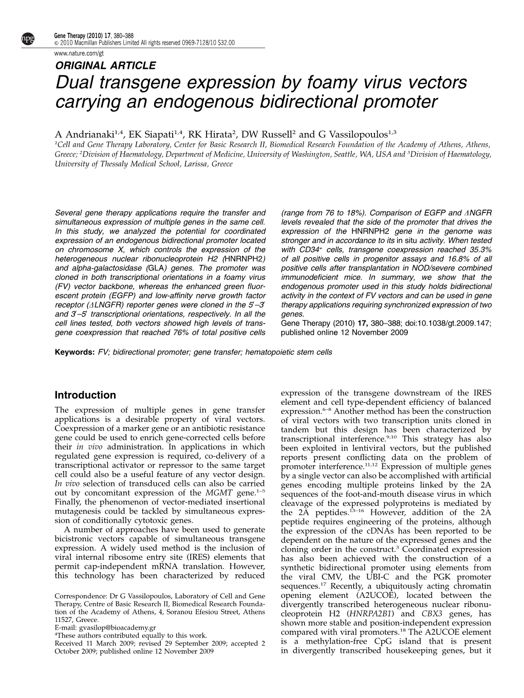 Dual Transgene Expression by Foamy Virus Vectors Carrying an Endogenous Bidirectional Promoter