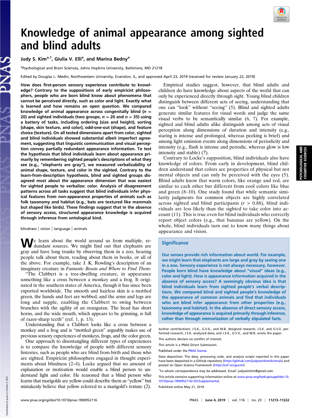 Knowledge of Animal Appearance Among Sighted and Blind Adults