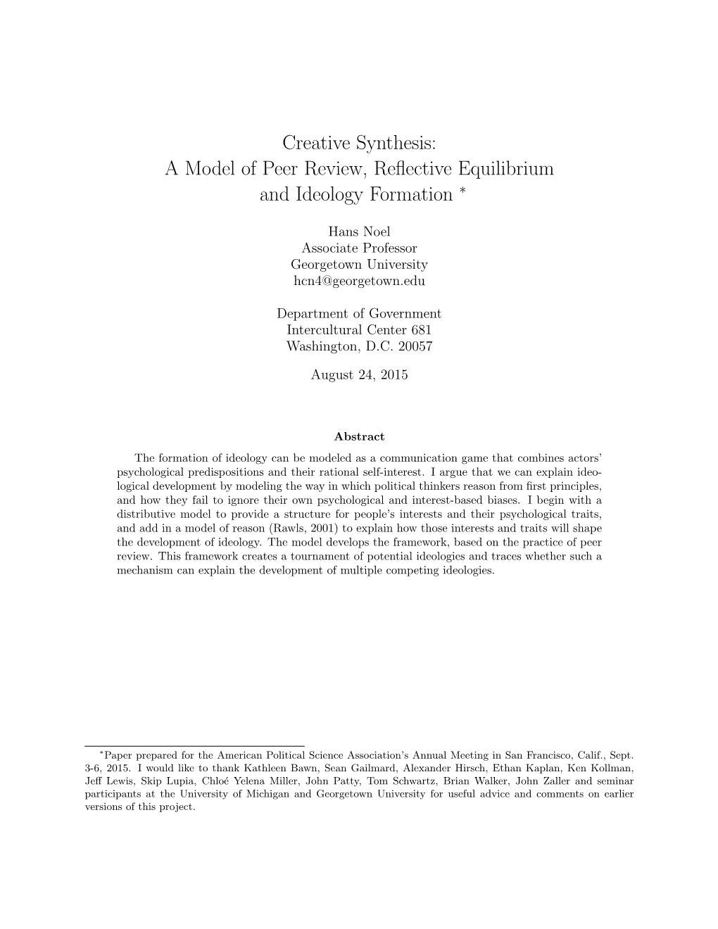 Creative Synthesis: a Model of Peer Review, Reﬂective Equilibrium and Ideology Formation ∗